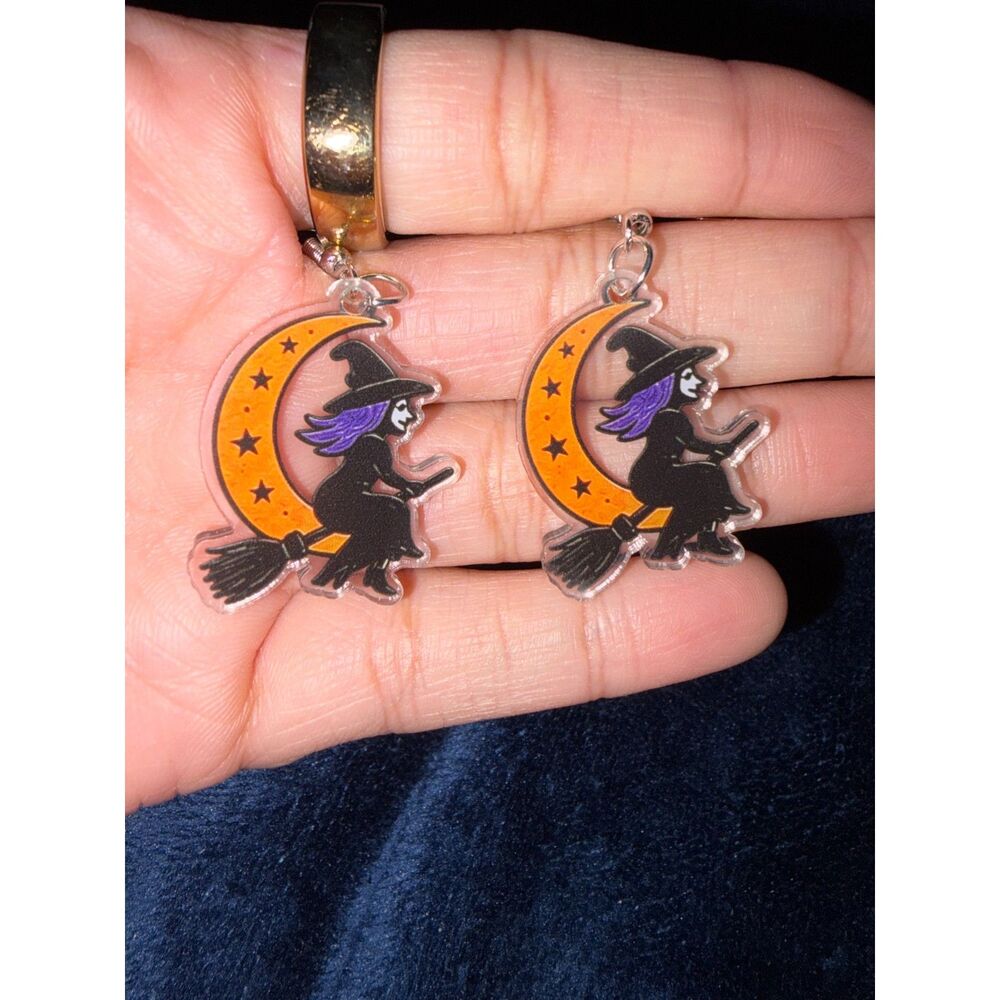 New Halloween Witch on Broom Crescent Moon Dangle Earrings
